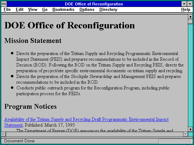 Screenshot of DOE Office of Reconfiguration