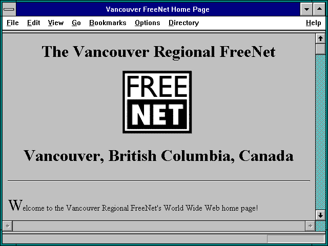 Screenshot of Vancouver FreeNet Home Page
