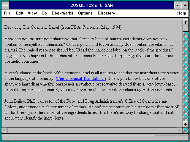 Screenshot of COSMETICS in CFSAN