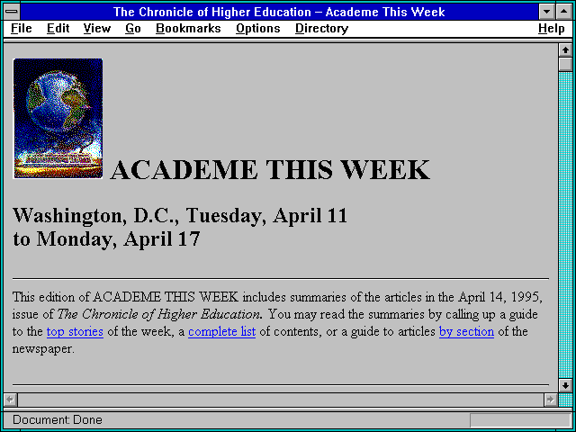 Screenshot of The Chronicle of Higher Education -- Academe This Week