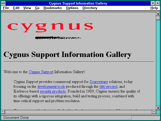 Screenshot of Cygnus Support Information Gallery