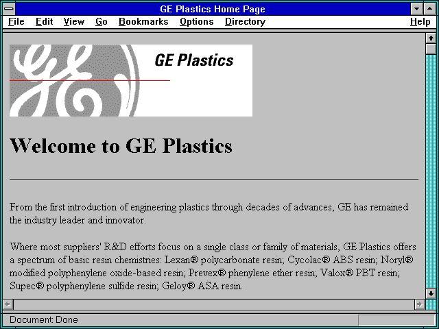 Screenshot of GE Plastics Home Page