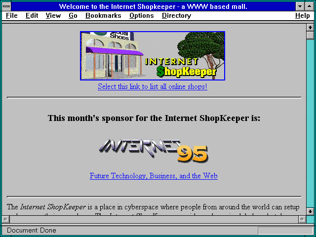 Screenshot of Welcome to the Internet Shopkeeper - a WWW based mall.