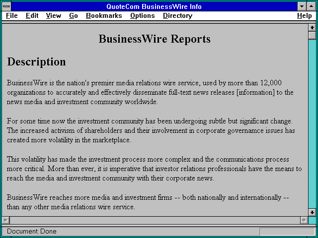 Screenshot of QuoteCom BusinessWire Info