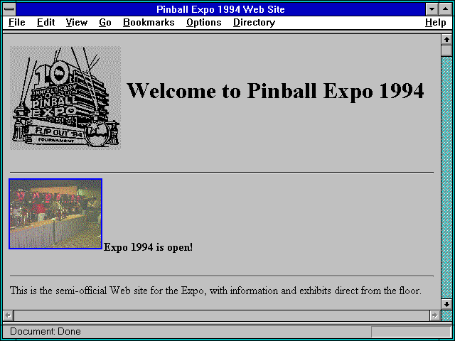 Screenshot of Pinball Expo 1994 Web Site
