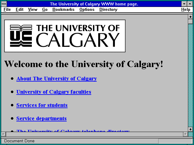 Screenshot of The University of Calgary WWW home page.