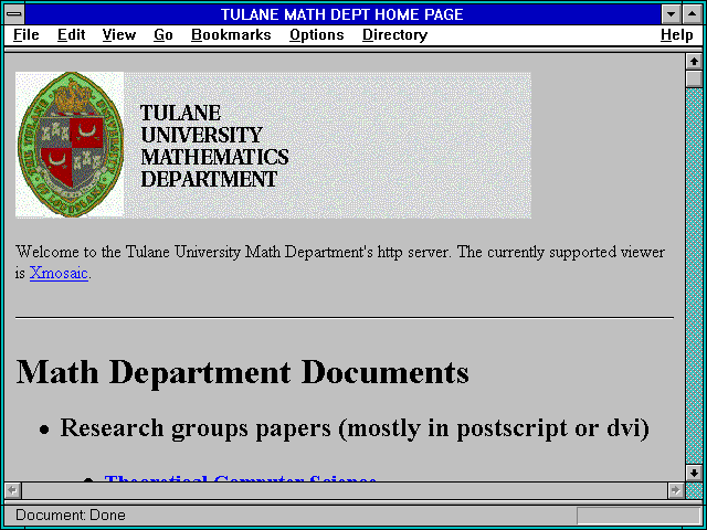 Screenshot of TULANE MATH DEPT HOME PAGE