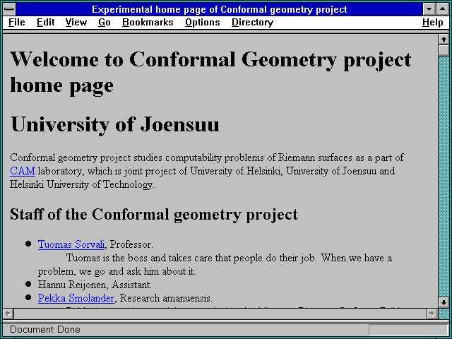 Screenshot of Experimental home page of Conformal geometry project