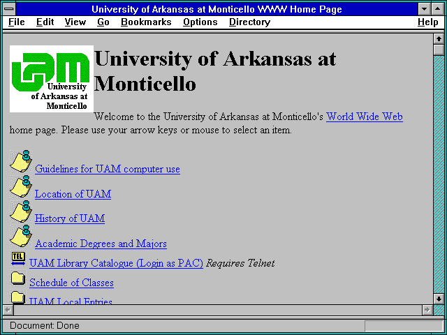Screenshot of University of Arkansas at Monticello WWW Home Page