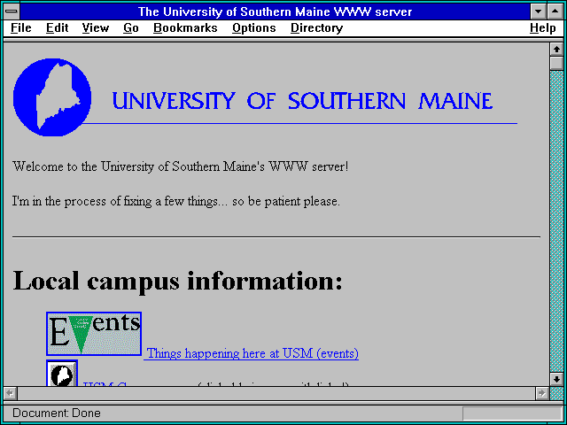 Screenshot of The University of Southern Maine WWW server