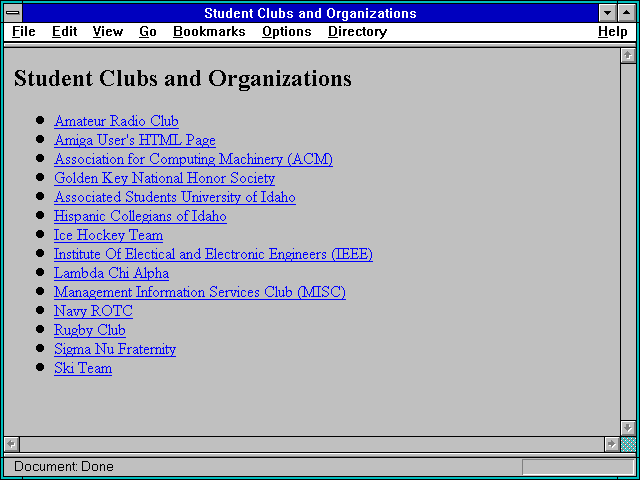 Screenshot of Student Clubs and Organizations