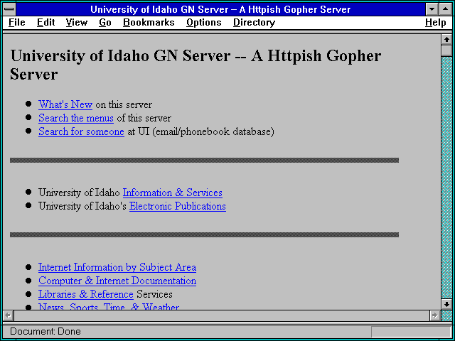 Screenshot of University of Idaho GN Server -- A Httpish Gopher Server