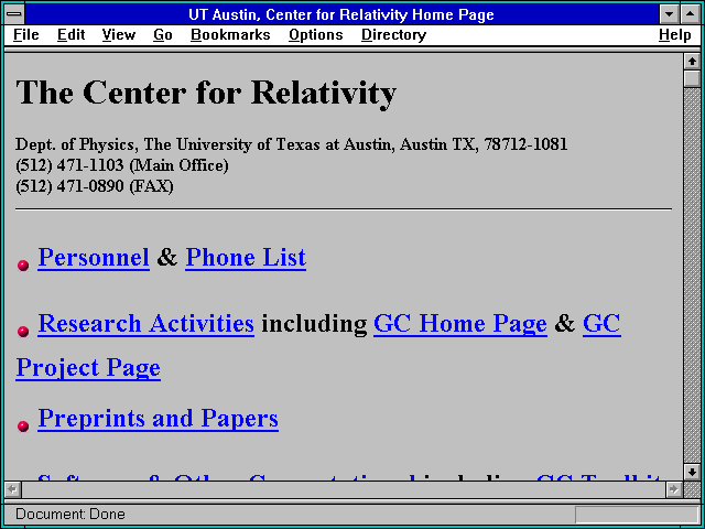 Screenshot of UT Austin Center for Relativity Home Page