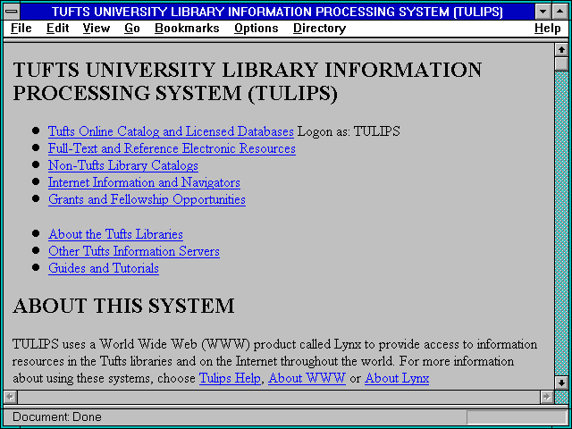 Screenshot of TUFTS UNIVERSITY LIBRARY INFORMATION PROCESSING SYSTEM (TULIPS)