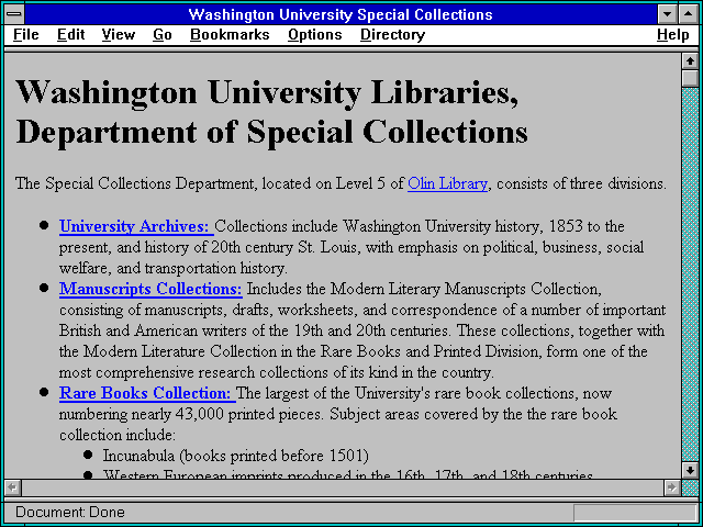 Screenshot of The Washington University Archives Homepage