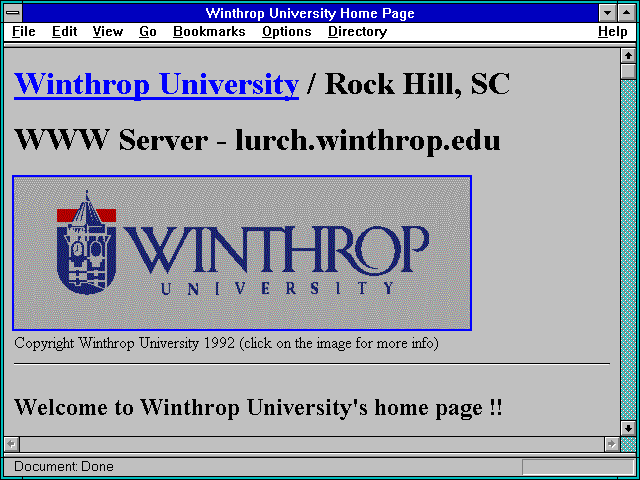 Screenshot of .edu/Welcome.htm1 Winthrop University.