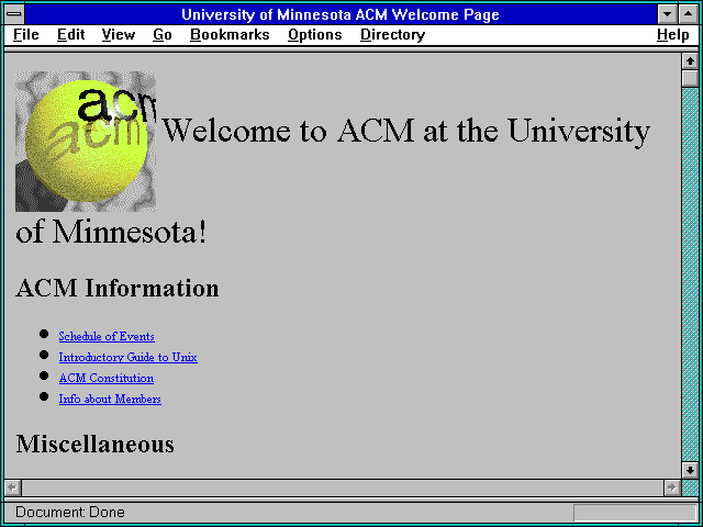 Screenshot of University of Minnesota ACM Welcome Page