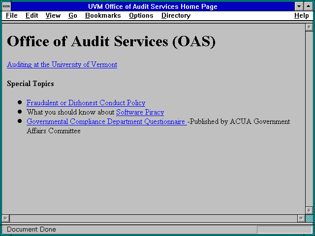 Screenshot of UVM Office of Audit Services Home Page