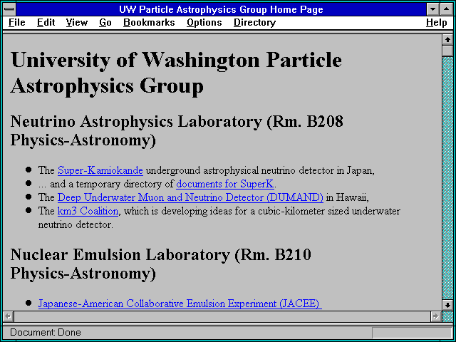Screenshot of UW Particle Astrophysics Group Home Page
