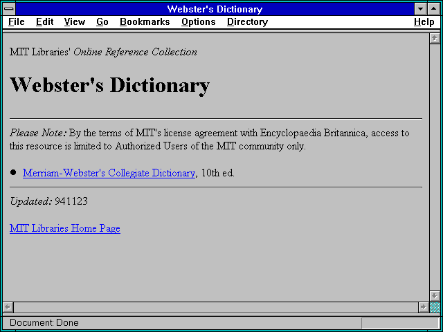 Screenshot of Webster's Dictionary