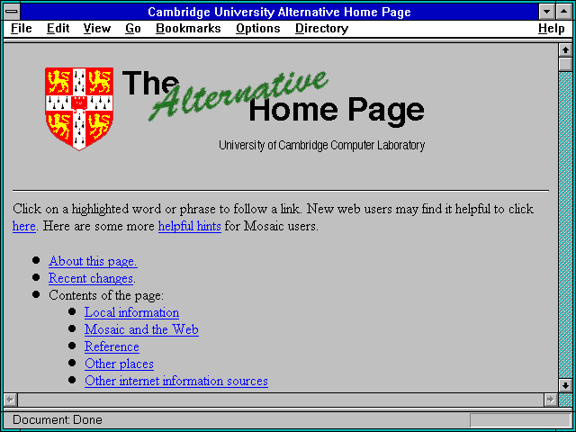 Screenshot of Cambridge University Alternative Home Page