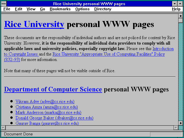 Screenshot of Rice University personal WWW pages