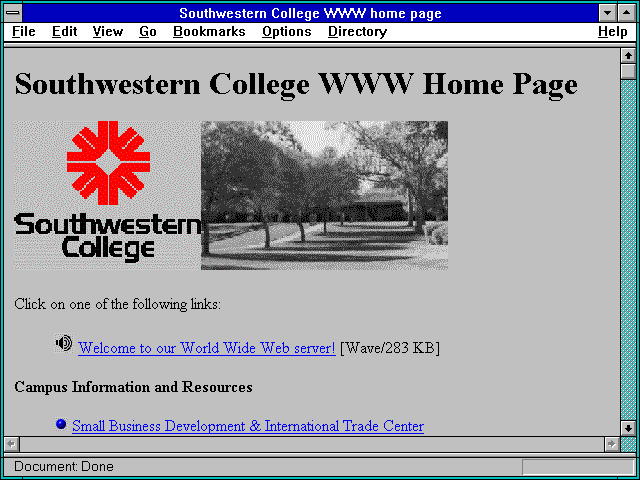 Screenshot of Southwestern College WWW home page