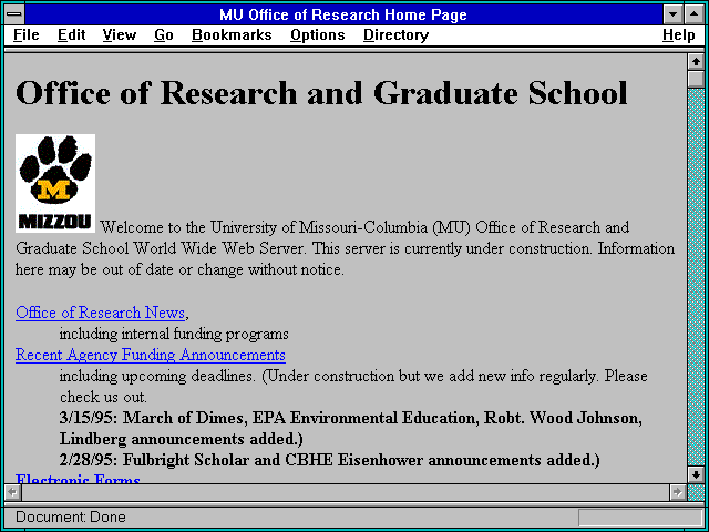 Screenshot of MU Office of Research Home Page