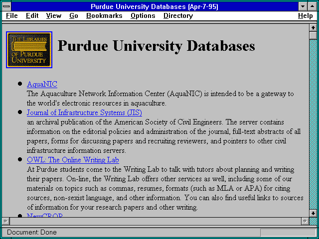 Screenshot of Purdue University Databases (Apr-7-95)