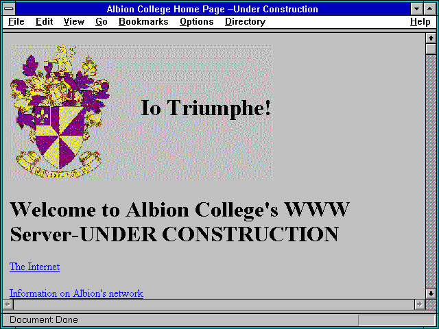 Screenshot of Albion College Home Page --Under Construction