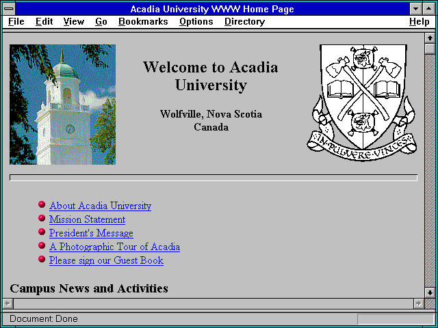 Screenshot of Acadia University WWW Home Page
