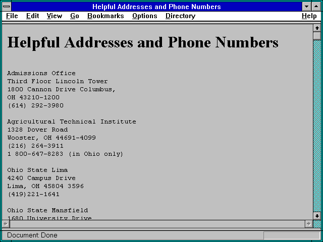 Screenshot of Helpful Addresses and Phone Numbers