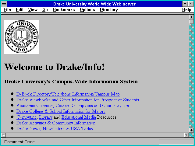 Screenshot of Drake University World Wide Web server