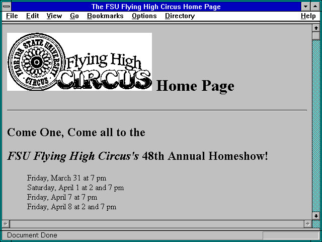 Screenshot of The FSU Flying High Circus Home Page