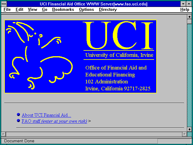 Screenshot of UCI Financial Aid Office WWW Server[www.fao.uci.edu]