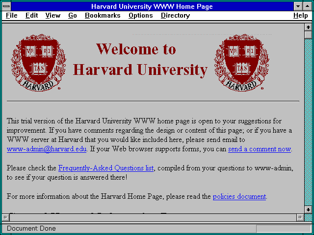 Screenshot of Harvard University WWW Home Page
