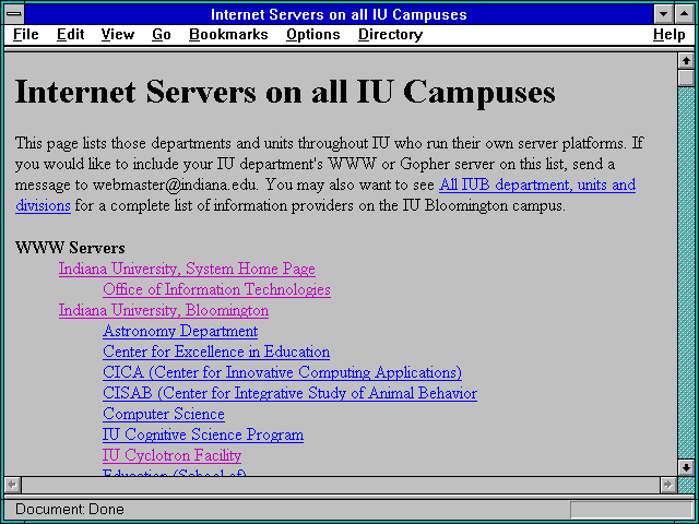 Screenshot of Internet Servers on all IU Campuses