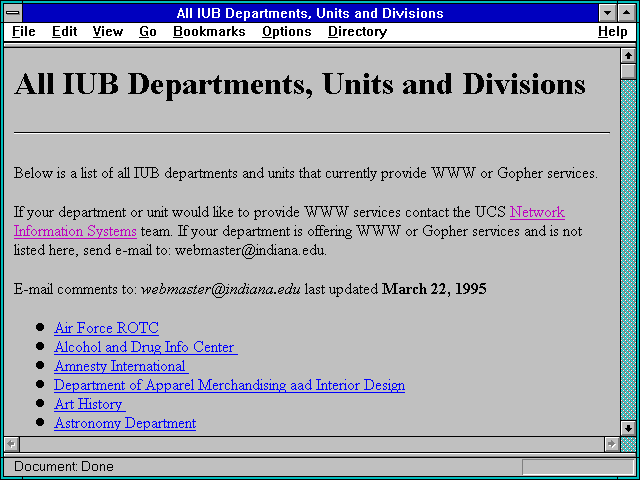 Screenshot of All IUB Departments Units and Divisions