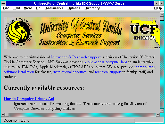 Screenshot of University of Central Florida I&R Support WWW Server