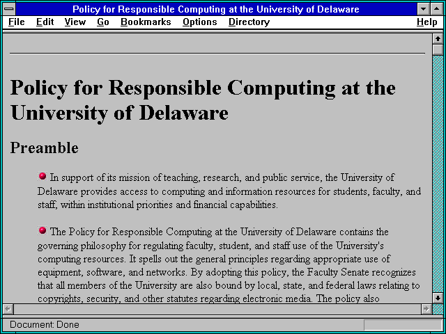 Screenshot of Policy for Responsible Computing at the University of Delaware