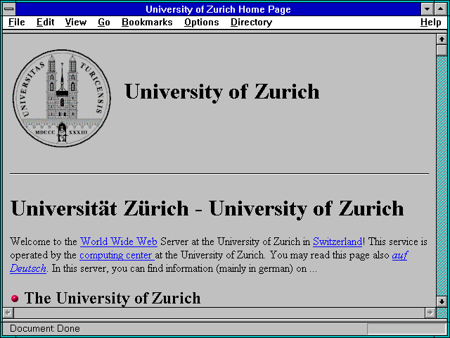 Screenshot of University of Zurich Home Page