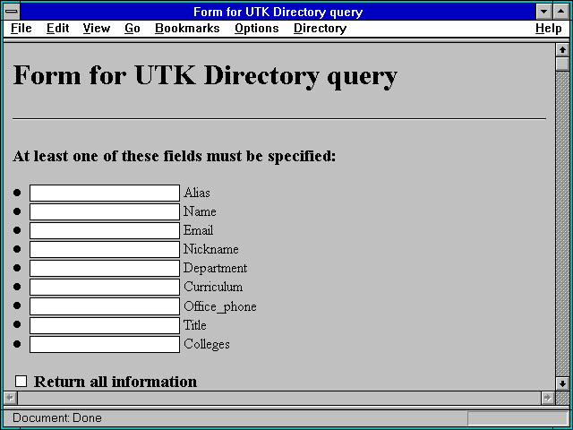 Screenshot of Form for UTK Directory query