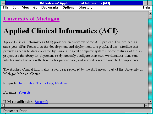 Screenshot of UM-Gateway: Applied Clinical Informatics (ACI)