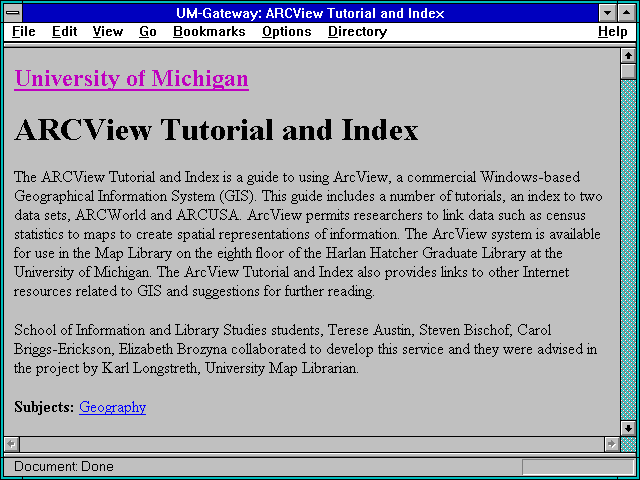 Screenshot of UM-Gateway: ARCView Tutorial and Index