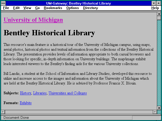 Screenshot of UM-Gateway: Bentley Historical Library