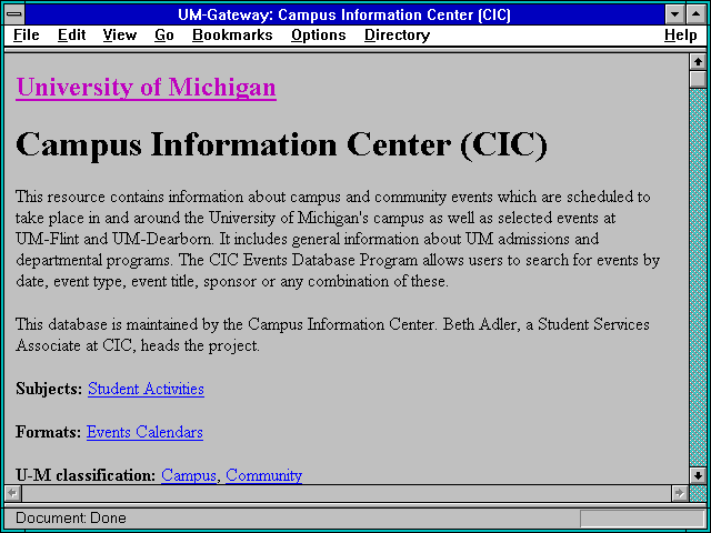 Screenshot of UM-Gateway: Campus Information Center (CIC)