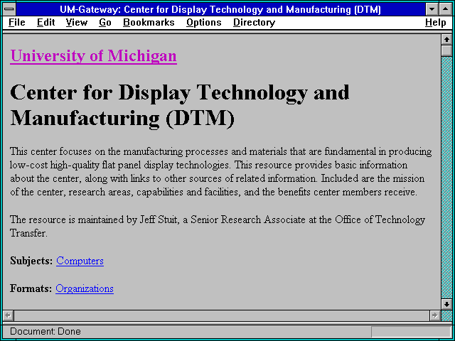 Screenshot of UM-Gateway: Center for Display Technology and Manufacturing (DTM)