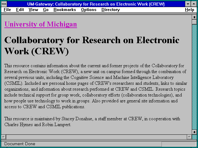 Screenshot of UM-Gateway: Collaboratory for Research on Electronic Work (CREW)