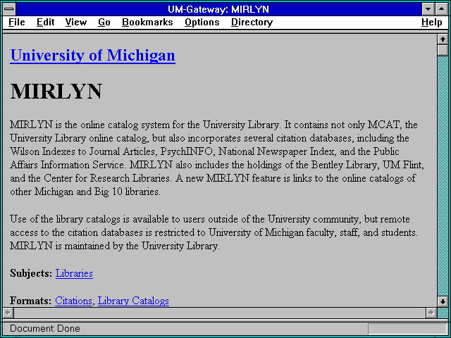 Screenshot of UM-Gateway: MIRLYN