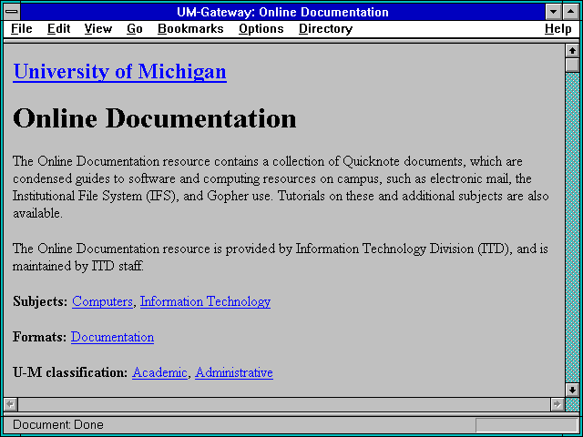 Screenshot of UM-Gateway: Online Documentation